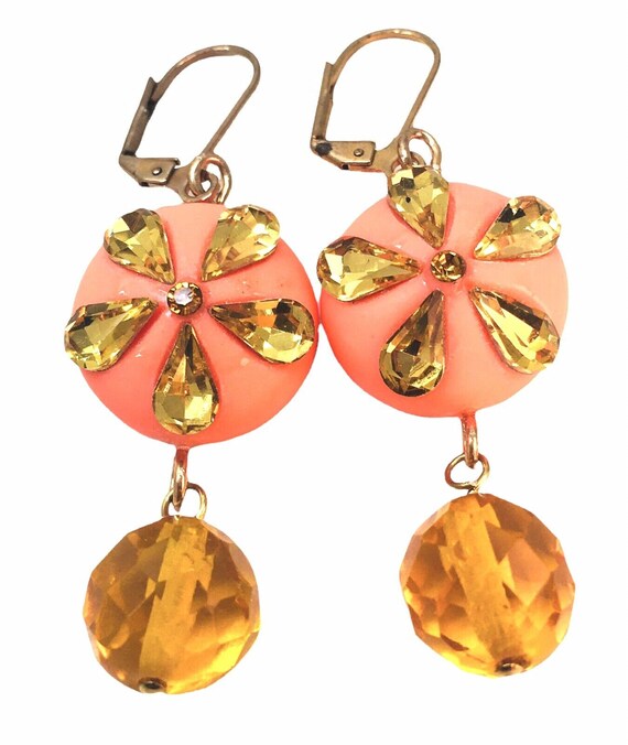 Vtg Earrings Sunflower Yellow Teardrop Amber Gold… - image 10