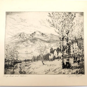 May include: A black and white etching of a mountain landscape with a stream running through it. The mountains are in the background and there are trees in the foreground. The text "Longs Peak and Stephen's" is at the bottom left of the image and the artist's signature is at the bottom right.