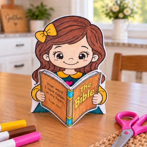 Puede incluir: Un recorte de papel de un personaje de dibujos animados con cabello castaño y un lazo amarillo, sosteniendo un libro abierto titulado The Bible. La página izquierda muestra el texto Your word I have hidden in my heart. Psalm 119:11.