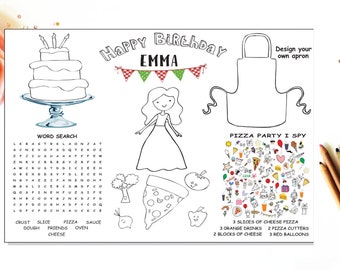 Sleepover Party Coloring Placemat, 2 PAGES, Personalized PDF Digital File, Pizza Party Coloring Placemat,Donut Party,Activity Mat, Printable