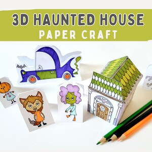 Halloween House Printable Craft 3D Model, Spooky Haunted House Coloring page, Halloween Party Activity Page PDF Instant Download