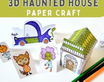 Halloween House Printable Craft 3D Model, Spooky Haunted House Coloring page, Halloween Party Activity Page PDF Instant Download