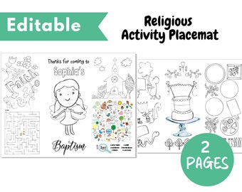Editable Baptism coloring Placemat, You EDIT the event type (Christening etc.), name & wording, Kids PDF Download Coloring, 2 pages
