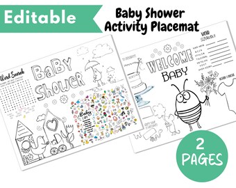 Editable Baby Shower activity placemat, 2 Page INSTANT DOWNLOAD Baby Shower Games, kids Favors, Printable Placemat, Activity Sheet, PDF