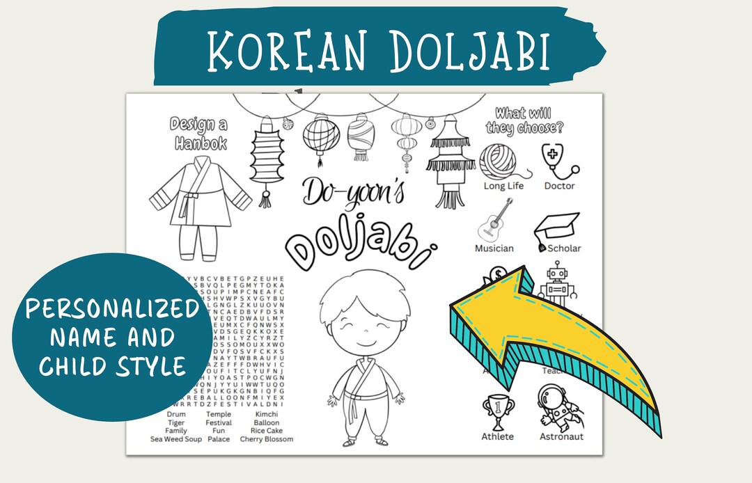 Korean Doljabi Party Coloring Page, Korean Birthday, Dohl Party Decor ...