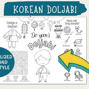 Página para colorear de la fiesta coreana Doljabi, cumpleaños coreano, decoración de la fiesta Dohl, primer cumpleaños del bebé coreano Doljanchi, mantel de actividad, descarga en PDF