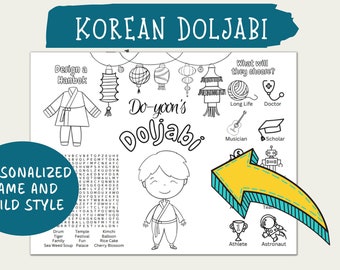 Personalisierte koreanische Doljabi Malseite: Aktivität zum ersten Geburtstag (PDF-Download)