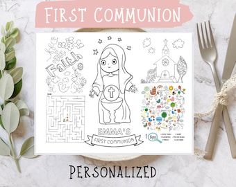 Personalisiertes Tischset für die erste Kommunion: Kirchenaktivitätsseite für Kinder, Aktivität für die heilige Kommunion (druckbare PDF)