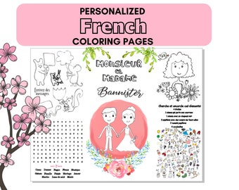 French Wedding Coloring Pages - Page de coloriage feuille d’activité Wedding Coloring Placemat Personalized for French Wedding placemat PDF