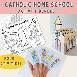 May include: A Catholic homeschool activity bundle with four activities: a word search, a puzzle, a church to color and cut out, and finger puppets. The activities feature images of the Holy Trinity, a dove, and the words "Together they are one God".