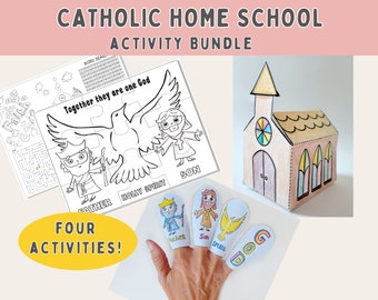 Sonntagsschulaktivitätspaket für katholische Hausschulaktivitäten, Dreifaltigkeitspuzzle, Fingerpuppen, Papierkirche, Bibelaktivitätsblätter PDF