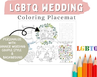 LESBIAN Wedding Activity Placemat for kids, LGBTQ Wedding Personalized coloring page Wedding Coloring sheets, Printable, PDF Printable page