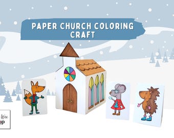 Papierkirche Färbung Aktivität, 3D Papierkirche, Weihnachtsdorf Kirche PDF druckbare Vorlage Weihnachtskirche Handwerk