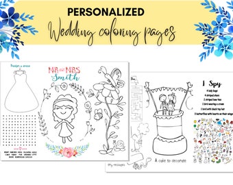 Wedding Coloring Pages, Personalized Kids Coloring Page - Kids Activity Page PDF - Kawaii Wedding Coloring Page , Kids Table games