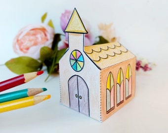 Afdrukbare Origami Paper Church, Paper Church kit, Gevouwen papieren huis, X-Mas Kleurplaat Instant Download PDF, 3D Paper Church, huissjabloon