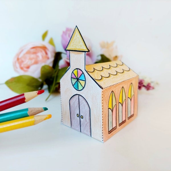 Printable Origami Paper Church, Paper Church kit,Folded paper house, X-Mas Coloring page Instant Download PDF,3D Paper Church,house template