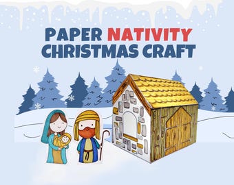 May include: A paper nativity Christmas craft with a blue background and illustrated trees. The scene includes a stable, Mary, Joseph, and baby Jesus. The stable has a yellow roof and wooden door.