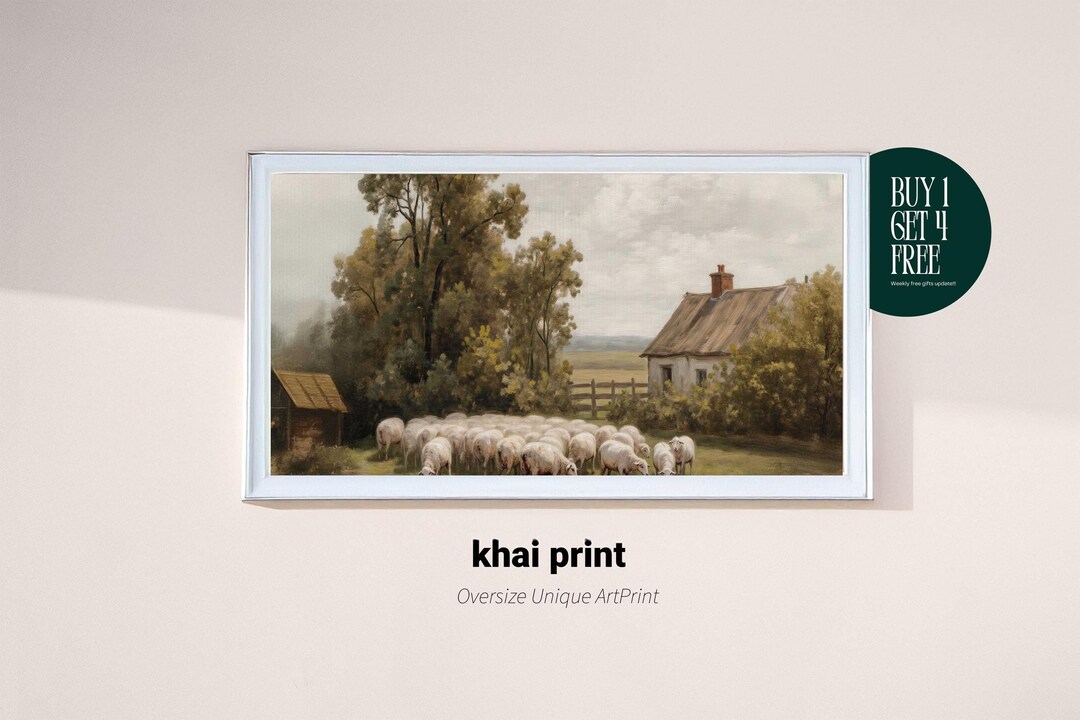 Serene Pastoral Scene With Grazing Sheep and Rustic Cottage Vintage ...