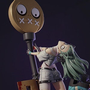 May include: A green-haired anime character with a white shirt and denim shorts is holding onto a large golden key with a stitched-up face. The key has a black handle and a large, round head with two white eyes and a stitched-up mouth.