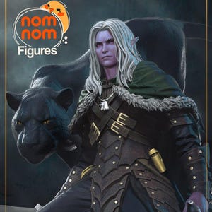 Puede incluir: Una figura de fantasía con piel pálida, cabello blanco y orejas puntiagudas, que lleva una armadura oscura y sostiene una espada. Una pantera negra está detrás de la figura. La imagen incluye el texto "nom nom Figures".