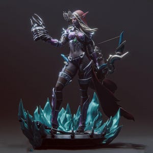 May include: A female elf figurine with long blonde hair, wearing purple and black armour, a red hooded cloak, and holding a bow and arrow. She is standing on a base with a blue and green ice-like design.