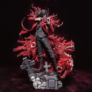 Peut inclure: Une figurine détaillée d'un personnage de vampire, peinte en rouge et noir, avec une cape et une épée. Le personnage est debout sur une base avec un motif de crâne et d'os croisés. La figurine est en résine de haute qualité et constitue un excellent ajout à la collection de tout fan d'anime ou d'horreur.