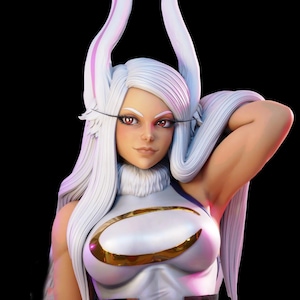 Könnte beinhalten: Eine weiße und goldene Anime-Figur mit langen weißen Haaren und rosa Hörnern. Die Figur trägt ein weißes und goldenes Outfit mit einem goldenen Gürtel.