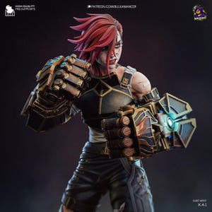 May include: A female figure with red hair and a determined expression wears a black and gold armored suit with a large mechanical fist. The fist is raised and has a glowing blue light emanating from it. The figure is posed in a fighting stance.