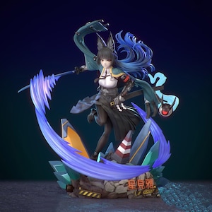 May include: A blue-haired anime character figurine with wolf ears and a blue and green outfit, holding a sword. The figurine is standing on a rocky base with blue and yellow accents. The text "真理波" is written on the base.
