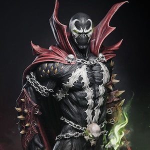 Könnte beinhalten: Eine schwarze und rote Superheldenfigur mit einem Schädel am Gürtel und grünen Flammen, die aus seiner Hand kommen. Die Figur hat ein weißes Symbol auf der Brust und trägt einen roten Umhang.