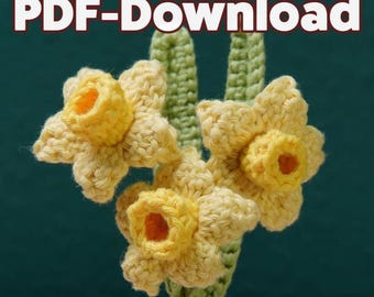 Patrón de crochet para un narciso – Descarga en PDF de flor amigurumi. Flor de crochet también ideal para guirnaldas o guirnaldas de flores.