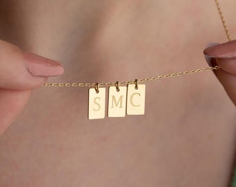 Dainty Gold Initial Tag Necklace: Custom Engraved Letter Charm