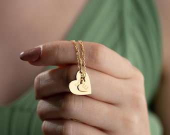 Personalized Gold Heart Necklace Set - Custom Engraved Name & Initial - Delicate Chain Heart Cutout Jewelry - Mother Daughter Matching