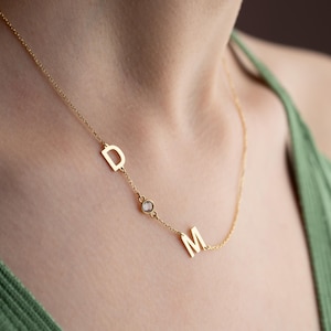 Sideways Initial Birthstone Necklace, Birthstone initial Necklace, Personalized Birthday Gifts, Dainty Necklace for Mom, Bridesmaid Gift