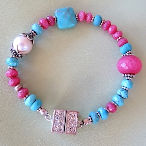 Turquoise and Fuchsia beads with a touch of bling magnetic fastener