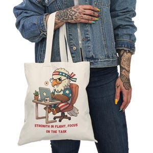 Tote Bag, Bald Eagle Strength in Flight Home Office Quote, Reusable Shopping Bag, Eco-Friendly Grocery Bag, Nature Lover Gift, Patriotic
