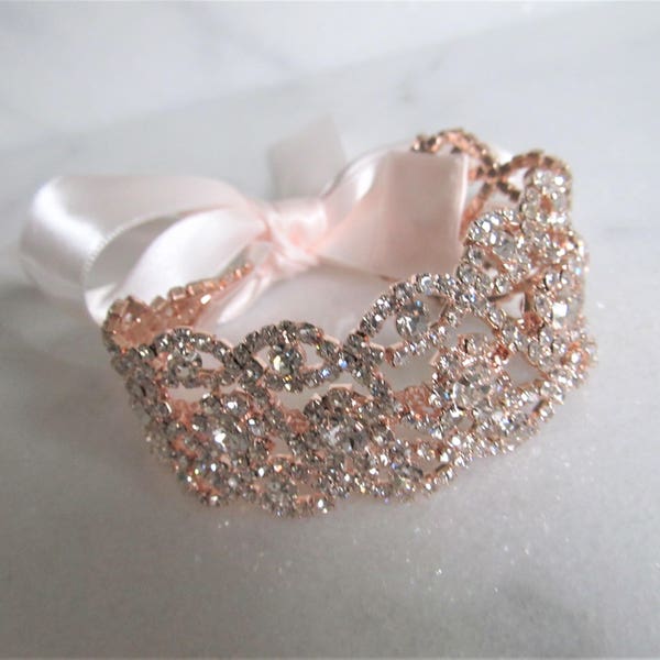Manchette de mariée en or rose strass, accessoires de mariage, bracelet, bracelet de mariée en cristal, #B24