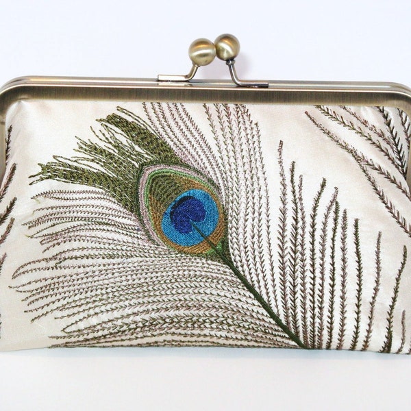 SALE-Only 1 left- Embroidered Peacock in Ivory Silk-Bride clutch-brides clutch-peacock clutch-wedding clutch