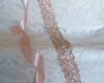 Rose Gold Crystal Rhinestone Bridal Sash, Wedding sash, Bridal Accessories, Handmade Sash,  Ribbon Sash, Plus Size Belt, Style #24