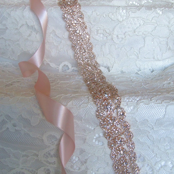 Rose Gold Crystal Rhinestone Bridal Sash, Wedding sash, Bridal Accessories, Handmade Sash,  Ribbon Sash, Plus Size Belt, Style #24