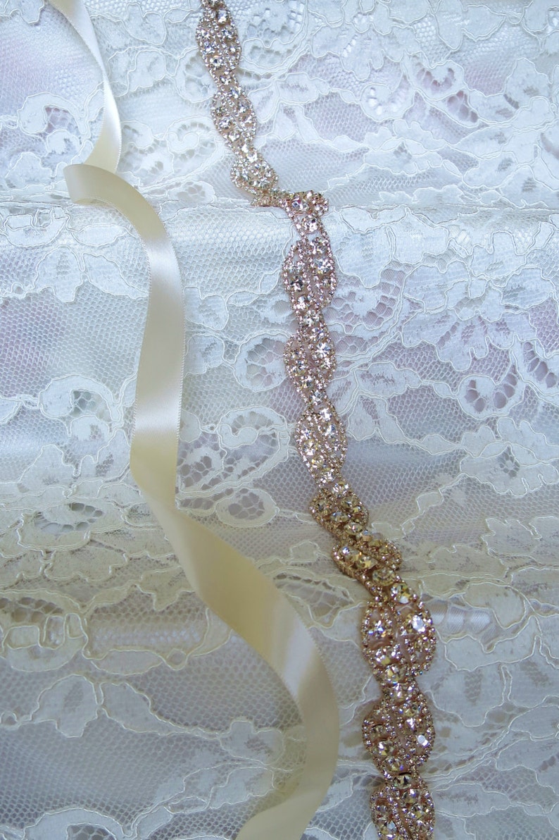 Rose Gold Crystal Rhinestone Bridal Sash, Wedding sash, Bridal Accessories, Ribbon Sash, Handmade Sash, Plus Size Belt, Style 15 image 1