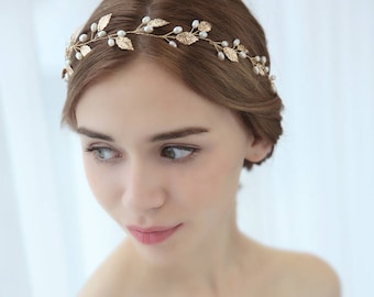 Gold Leaf Pearl Bridal Hair vine,Bridal Accessories,Wedding Accessories,Bridal Headpiece,Wedding Hairpiece,H121