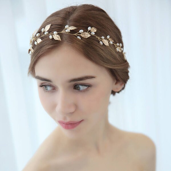 Gold Leaf Pearl Bridal Hair vine,Bridal Accessories,Wedding Accessories,Bridal Headpiece,Wedding Hairpiece,H121