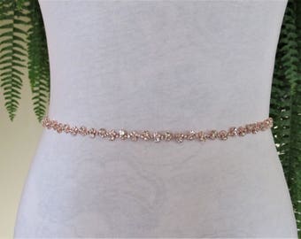 Thin Wedding Belt, Delicate Rose Gold Crystal Rhinestone Bridal Sash, Wedding sash, Bridal Accessories, Handmade bridal sash, Style #48
