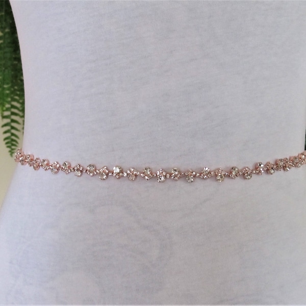 Thin Wedding Belt, Delicate Rose Gold Crystal Rhinestone Bridal Sash, Wedding sash, Bridal Accessories, Handmade bridal sash, Style #48