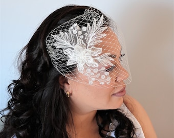 Russian net lace birdcage veil in white or light ivory, Wedding veil, Bridal veil, Bandeau veil, Mini veil, Handmade veil