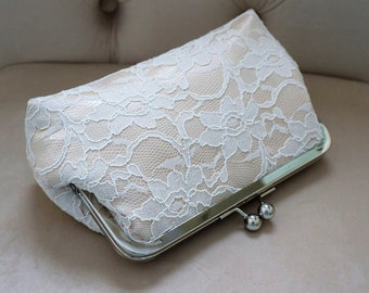 Bridal Silk And Lace Clutch Champagne, Bridal Accessories, Wedding Clutch, Bridal Clutch, Bridesmaid Clutches