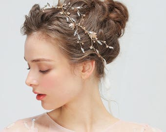 Gold Leaf Crystal Bridal Hair vine,Bridal Accessories,Wedding Accessories,Boho Wedding,Bridal Headpiece,Wedding Hairpiece,H122