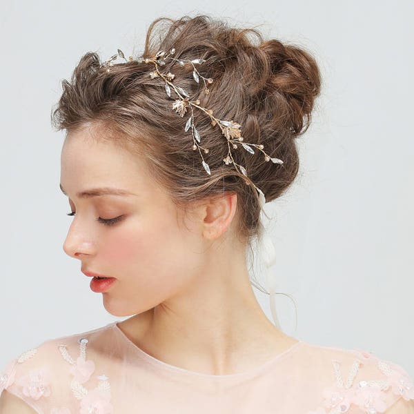 Gold Leaf Crystal Bridal Hair vine,Bridal Accessories,Wedding Accessories,Boho Wedding,Bridal Headpiece,Wedding Hairpiece,H122