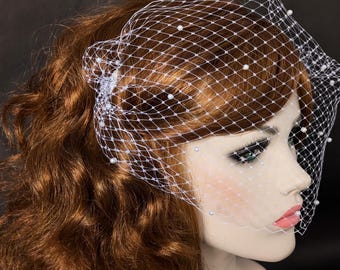 Russian net pearl birdcage veil in white or light ivory, Wedding veil, Bridal veil, Bandeau veil, Mini veil